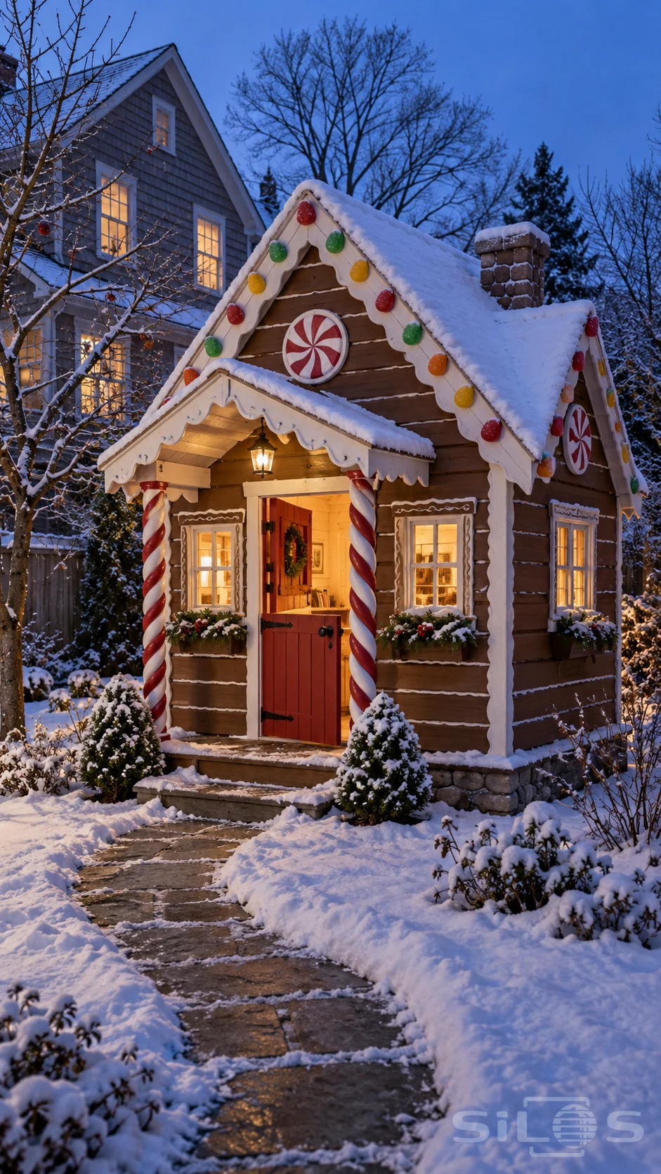 Gingerbread play cottage with candy cane columns and warm windows beside a winding path through blue evening snow