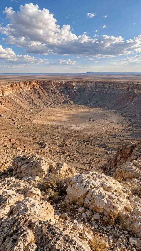 A meteor impact crater opens beyond pale boulders with layered rock walls beneath a wide blue desert sky.