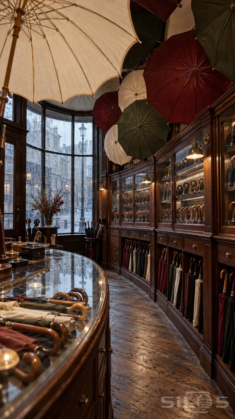 Open umbrellas in ivory; olive and dark red hang above walnut cabinets and a curved glass counter beside a rainy bay window.