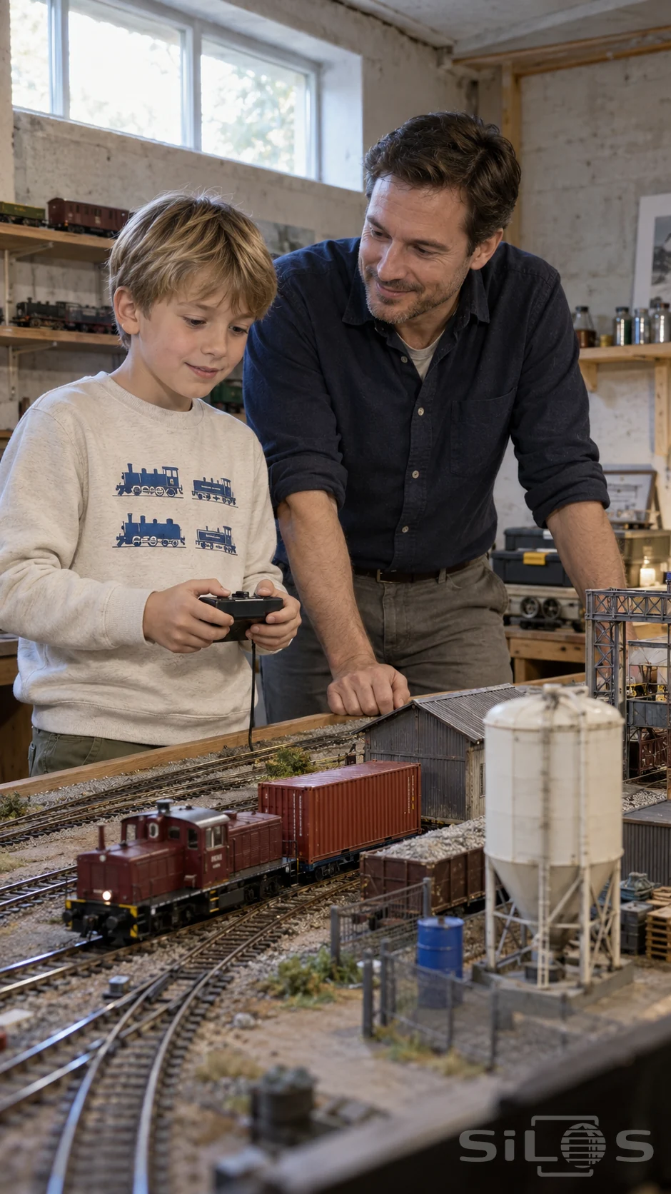 A boy controls a model railway beside his father, with a maroon locomotive, white silo and red freight container in the foreground.
