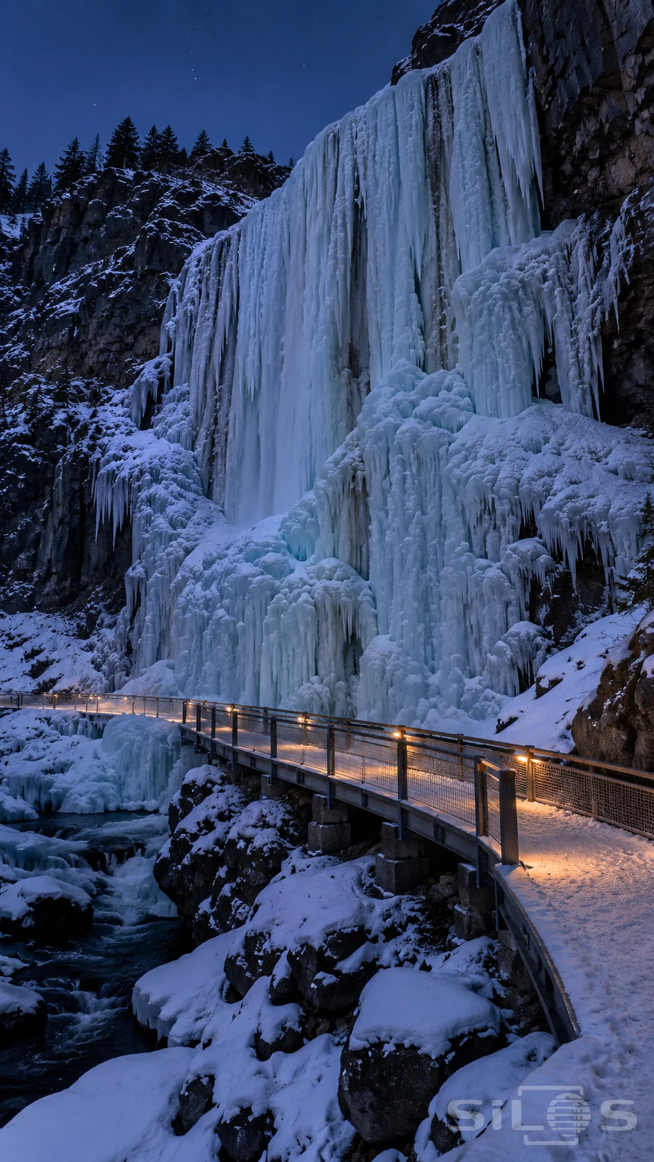 A golden path curves beneath a huge frozen waterfall, with amber rail lamps lighting snow against dark rock and blue twilight.