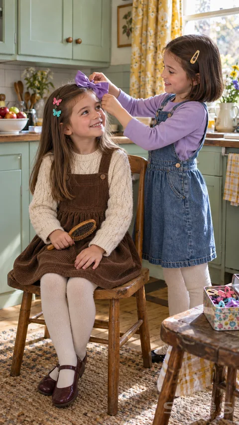 One young sister clips a purple bow into her seated sister’s long brown hair in a sunny kitchen.
