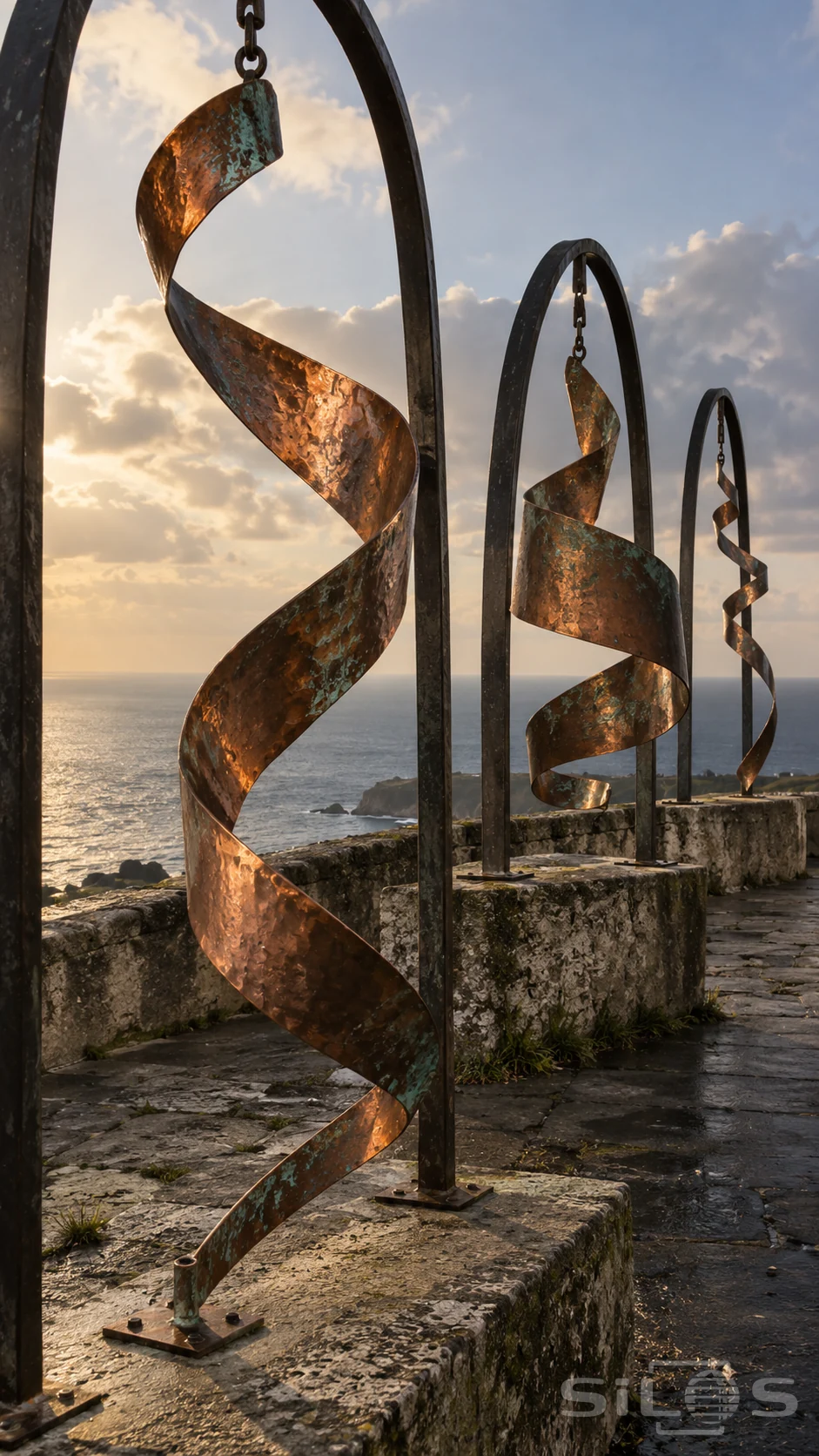 Copper wind sculptures with patinated spiral ribbons mounted in dark arched frames on stone plinths above the sea.