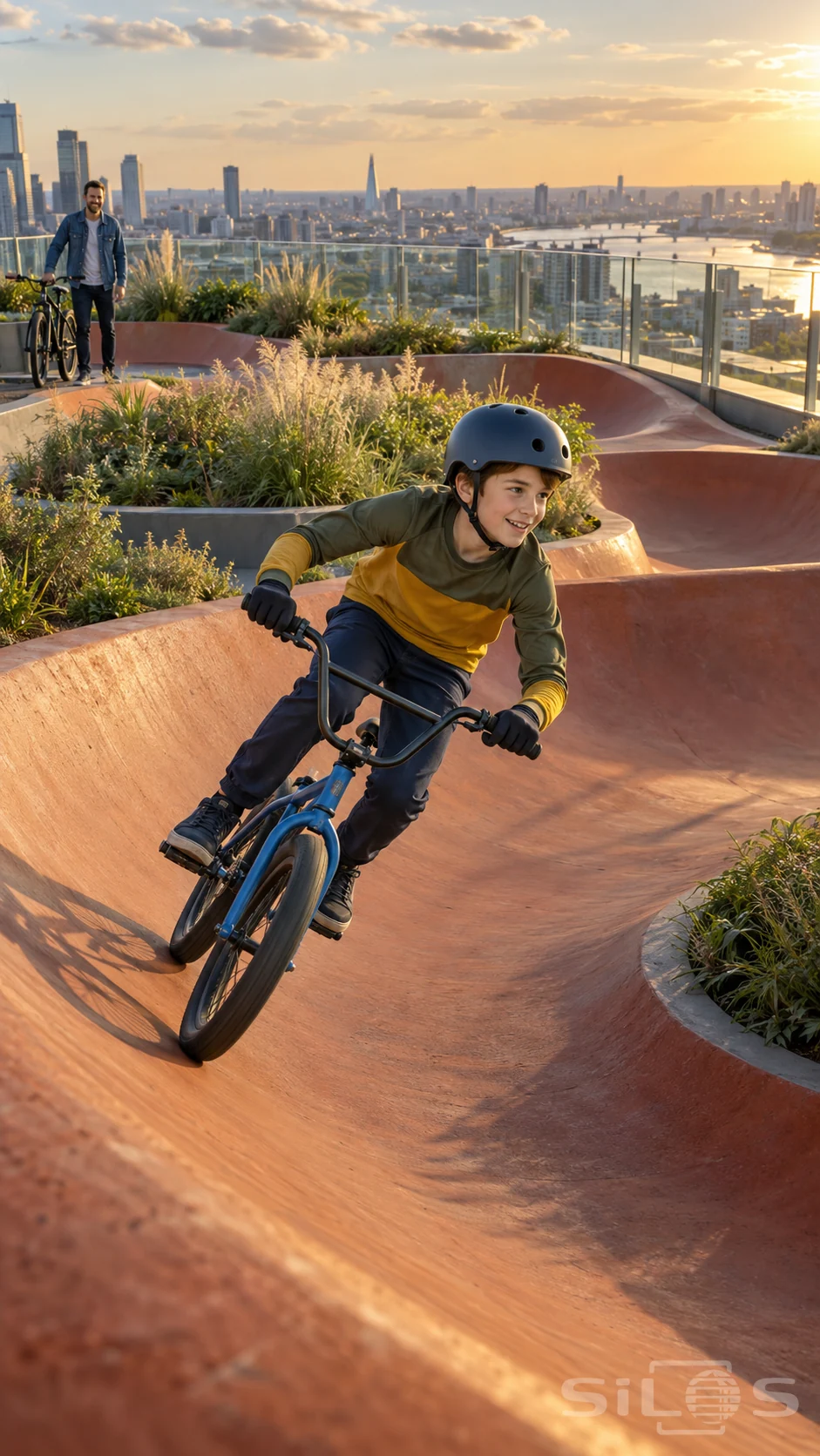 A helmeted boy rides a blue bicycle around a rooftop pump track above a city skyline while his father watches beside another bike.