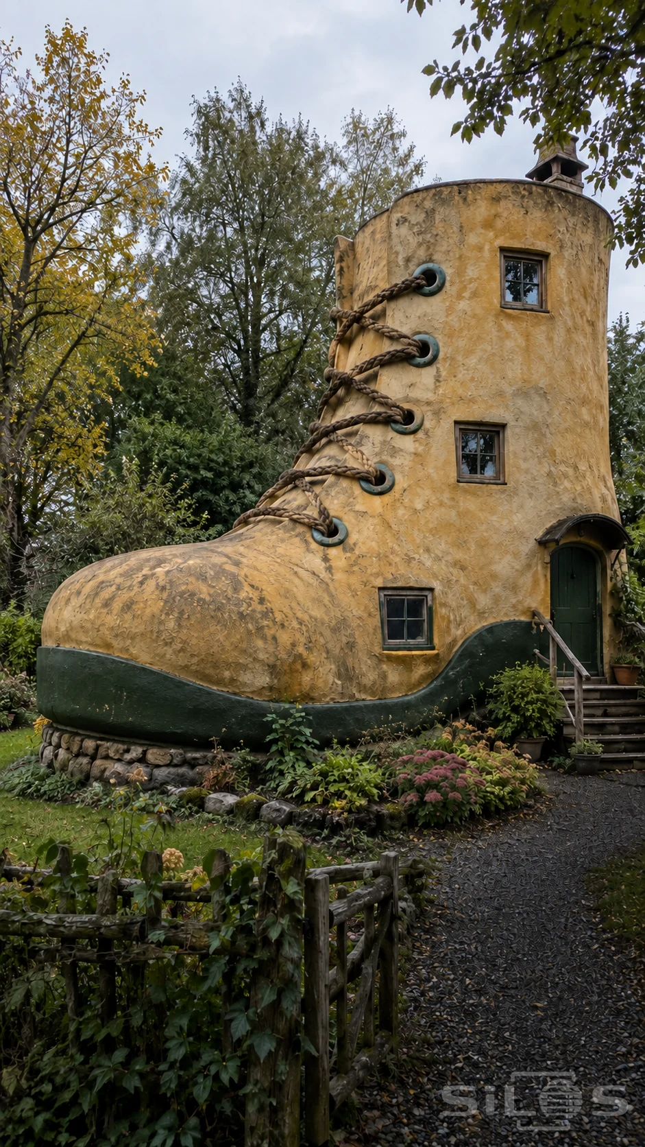 A laced boot house with ochre walls, large rope laces and small recessed windows beyond a gate in an overgrown garden.