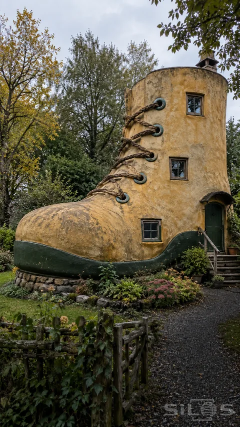 A laced boot house with ochre walls; large rope laces and small recessed windows beyond a gate in an overgrown garden.