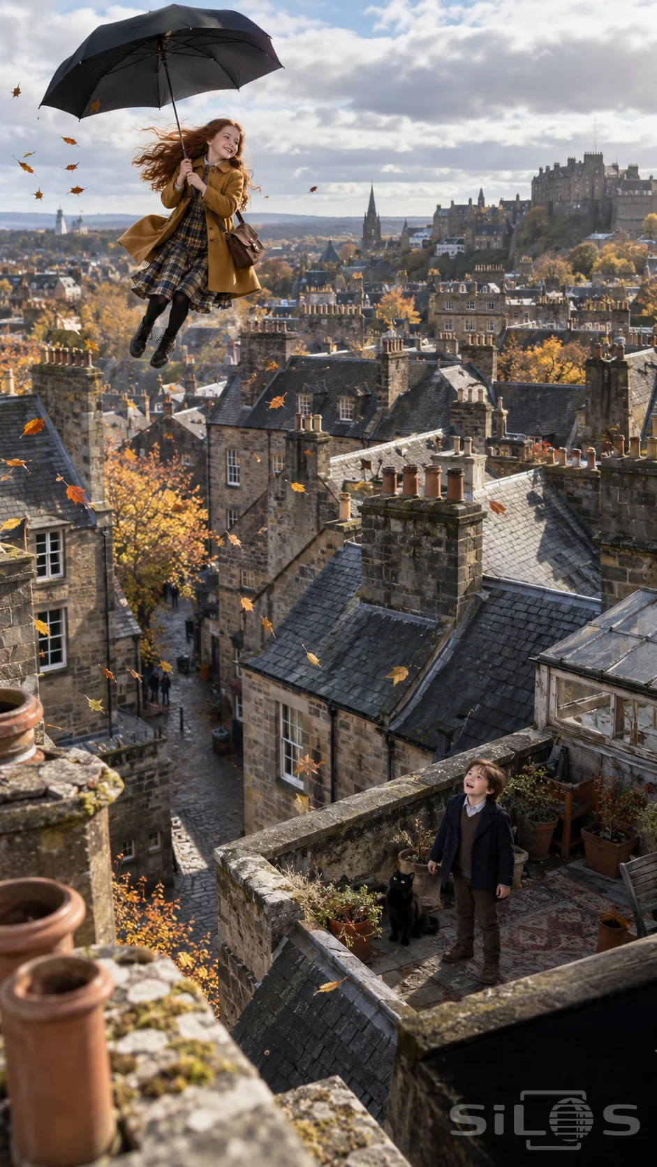 A girl with a black umbrella floats above slate rooftops as a boy and black cat watch from a sheltered terrace