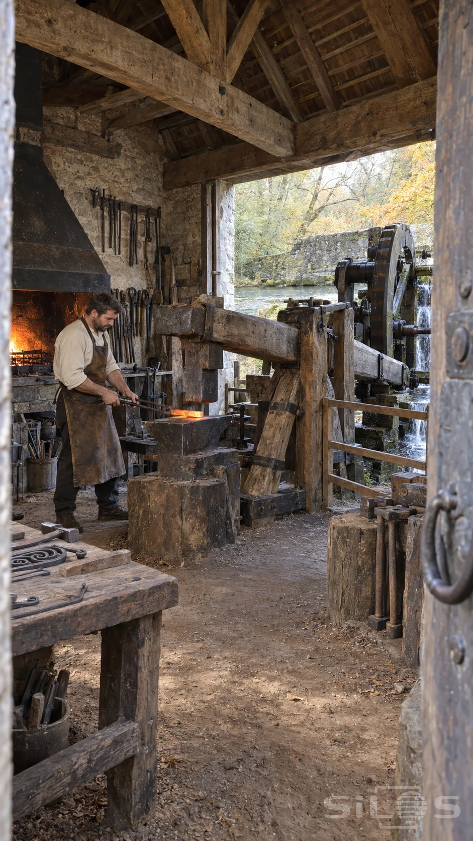 A smith holds hot iron beneath a raised timber helve hammer inside a stone forge beside a river-driven wooden wheel.