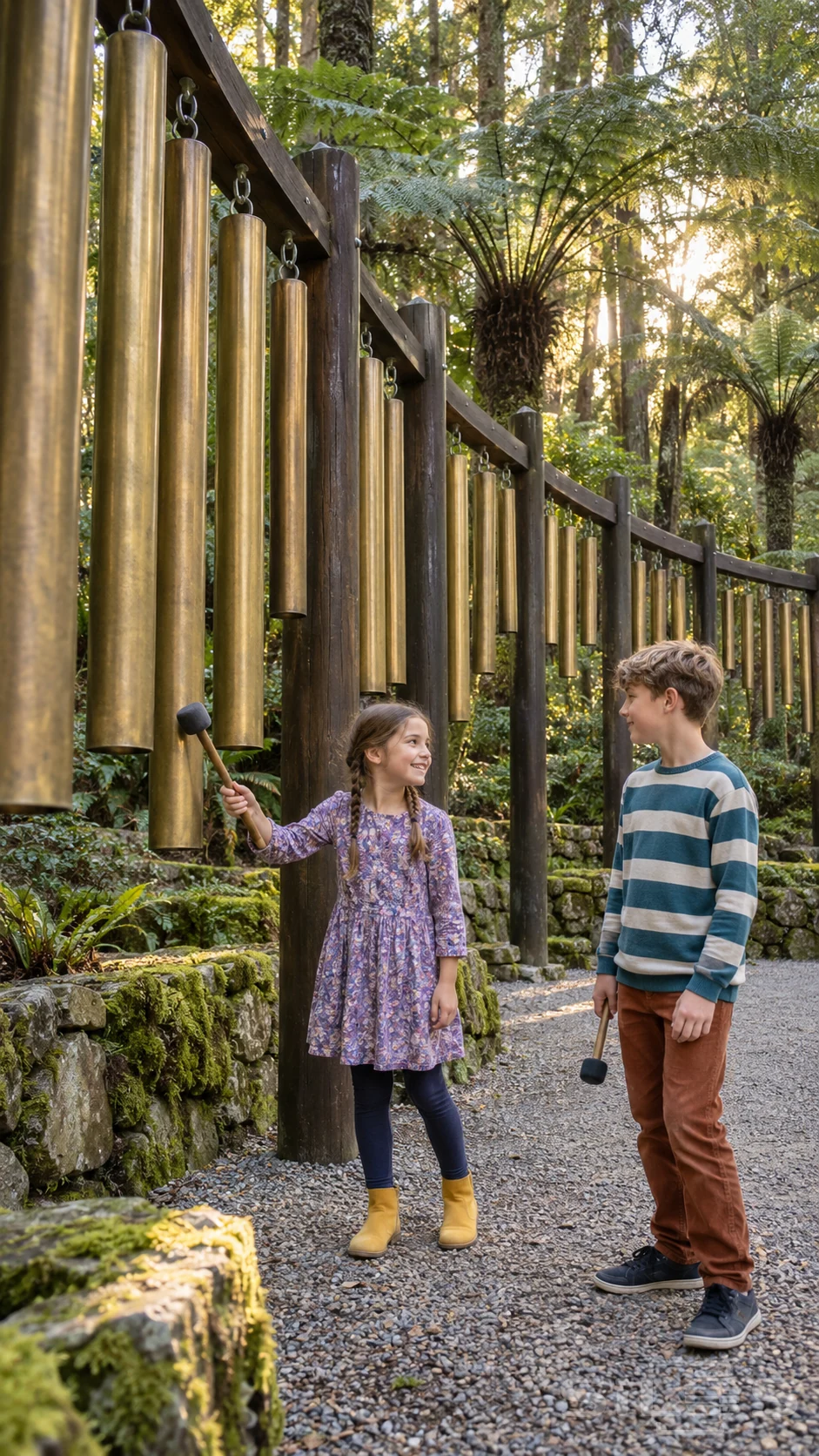 Two children smile at each other while playing brass notes on suspended tubular bells along a mossy path in a fern garden.