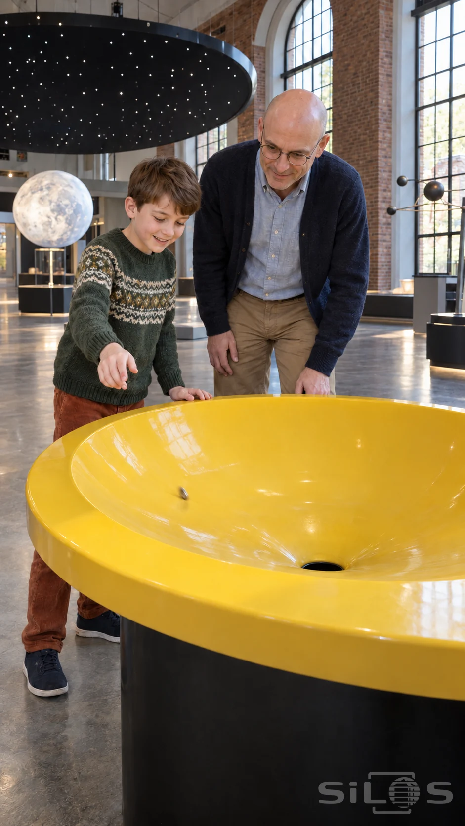 A father and son follow a coin funnel orbit inside a yellow bowl beneath a star canopy in a brick museum hall.