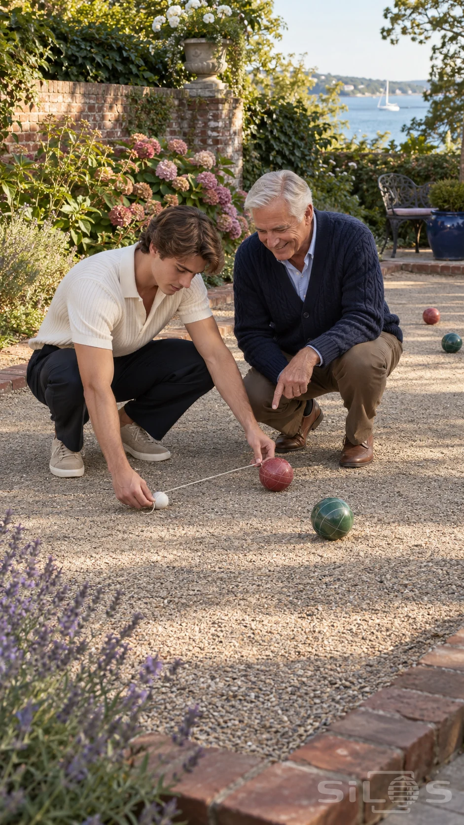 A grandfather and his young adult grandson compare bocce balls with a measuring cord on a gravel court beside flowering brick walls.