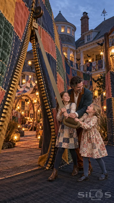 A father and two daughters hold the pull of a giant zipper gateway opening into a lantern-lit quilted courtyard.