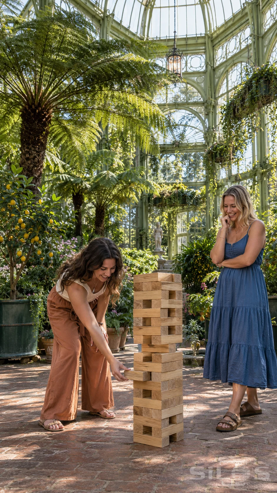 Two women watch a block tower as one draws out a low wooden piece inside a sunlit fern conservatory with a tall glass roof.