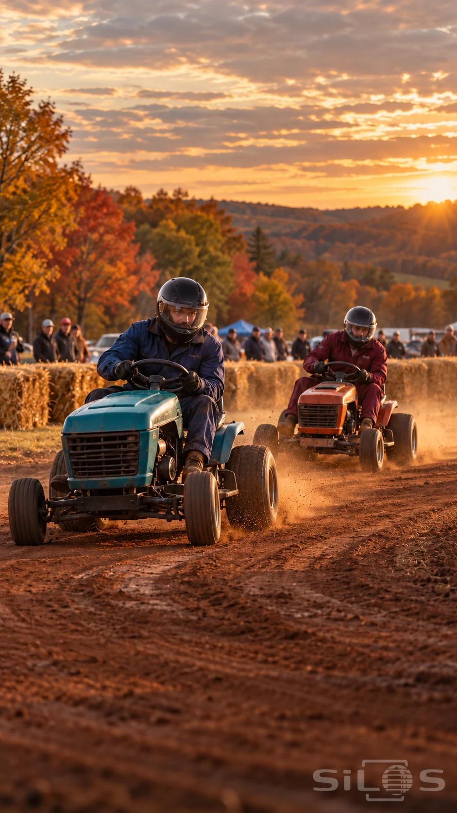 Lawnmower racing with two helmeted adult riders steering compact machines around a red-earth bend beside hay bales.