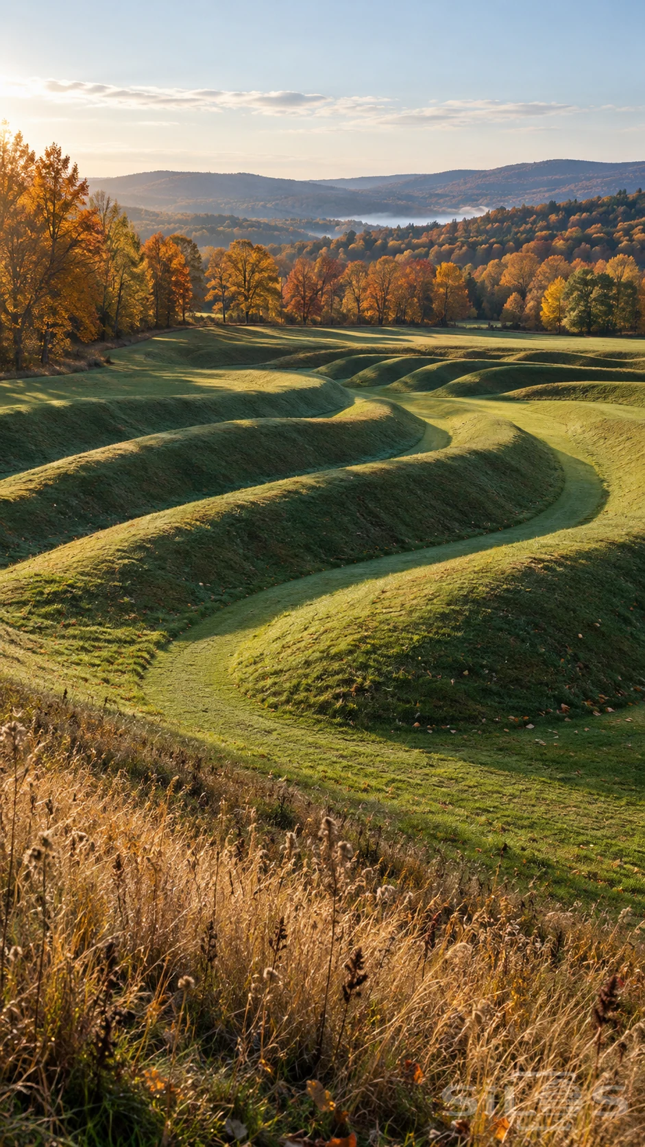 A grassy wave field curves between mown paths beneath golden trees and autumn hills in low morning sunlight.