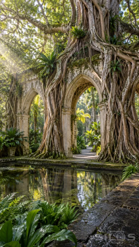 Huge fig roots wrap around pale pointed stone arches beside a reflecting pool in a lush; sunlit garden.