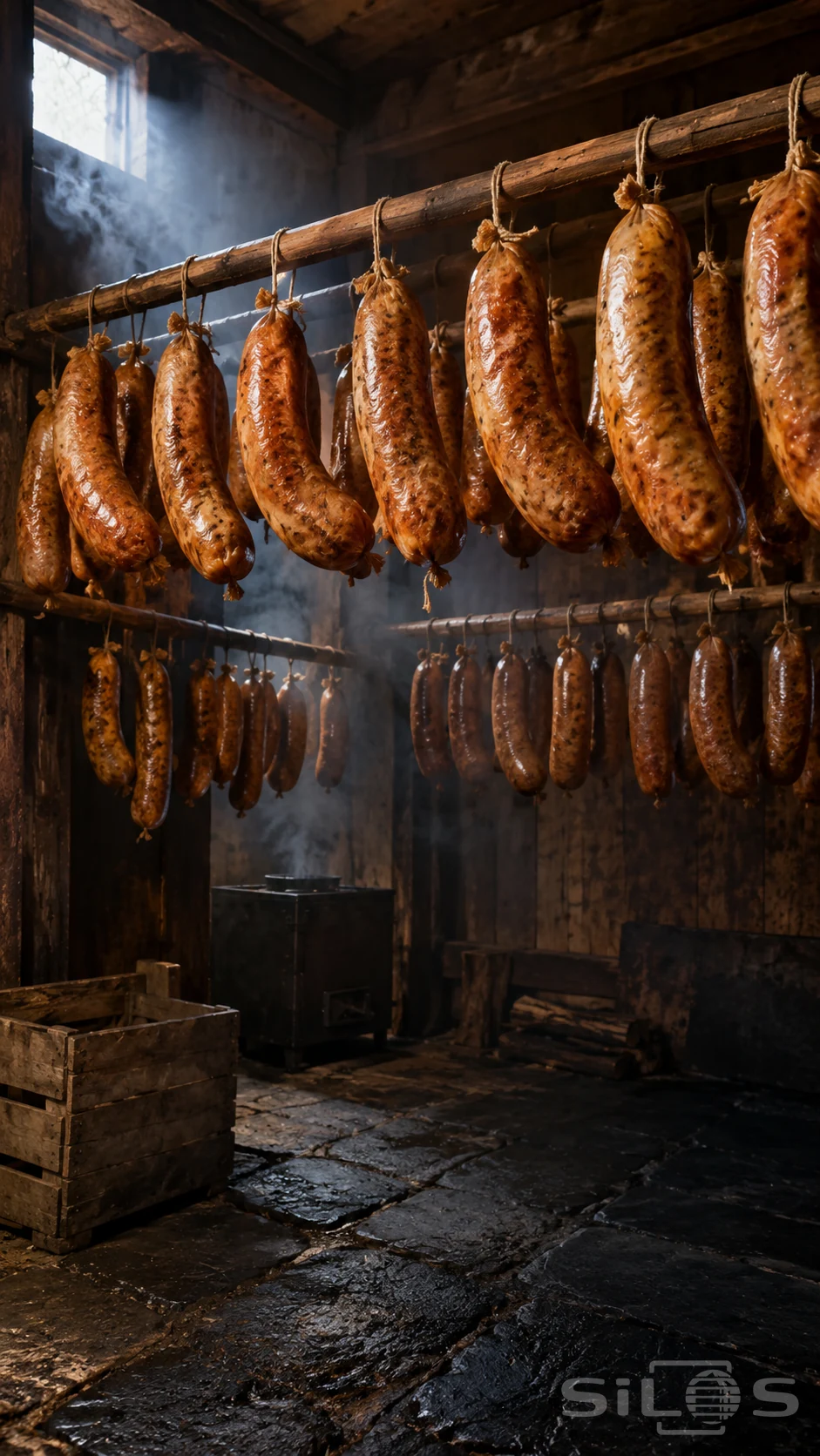 Rows of golden smokehouse sausages hang by cotton loops from wooden poles in a dim timber room.