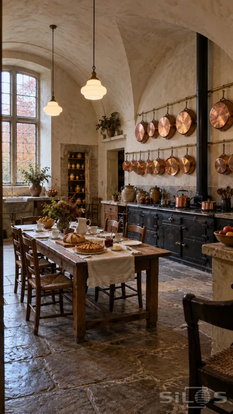 Vaulted cream kitchen with two rows of copper pans; a long iron range and an oak breakfast table beneath warm milk-glass lamps.