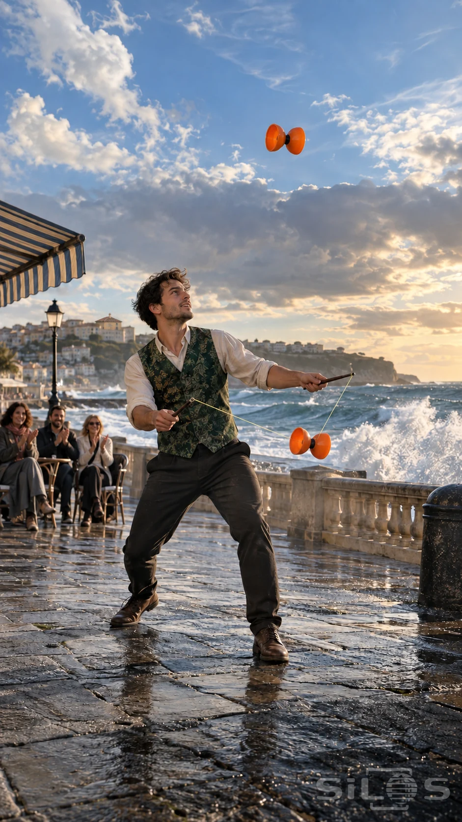 A diabolo performance with an adult in an emerald waistcoat controlling one orange spool on a string while another rises above the seafront.