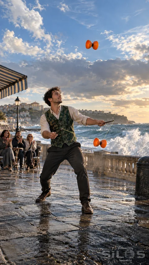 A diabolo performance with an adult in an emerald waistcoat controlling one orange spool on a string while another rises above the seafront.