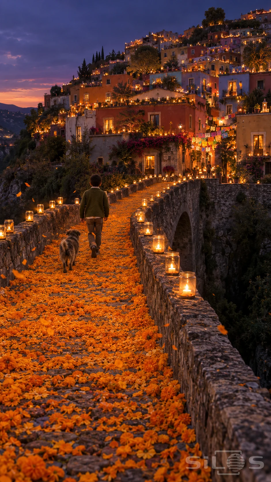 A boy and scruffy dog walk across a stone bridge covered in orange marigold petals and lined with candles at dusk.