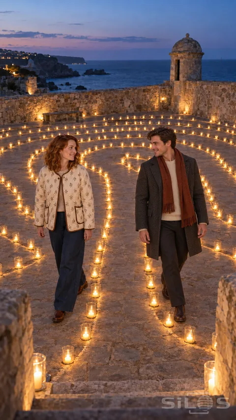 A woman and a dark-haired man walk through a candle labyrinth on a stone terrace above the evening sea and coastal lookout.