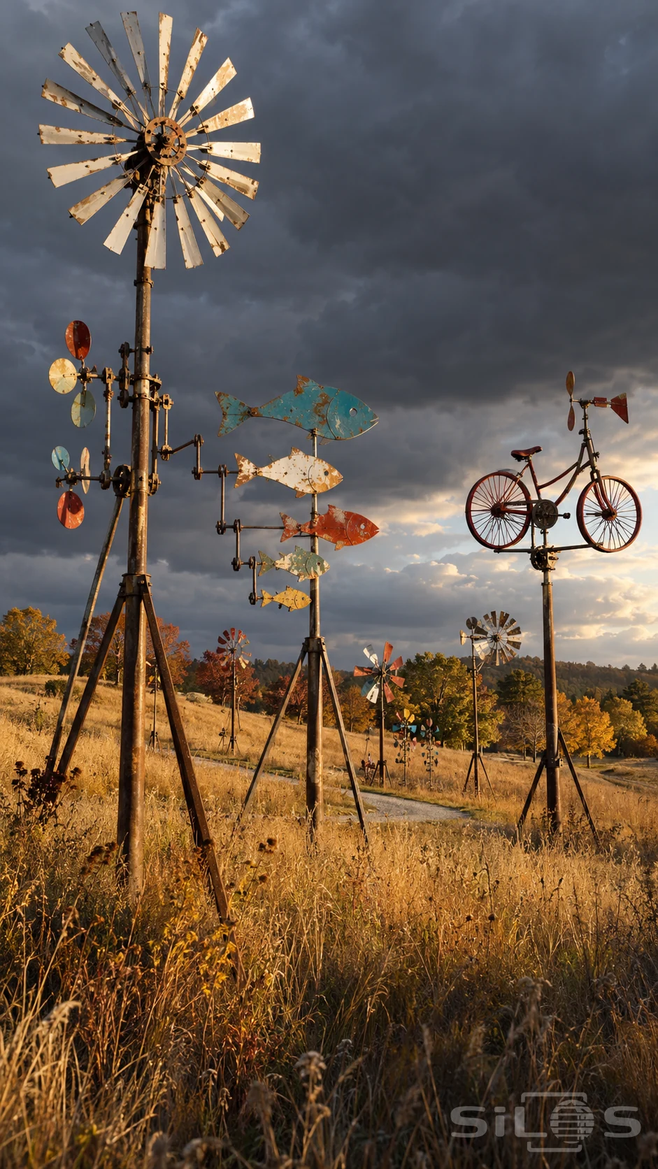 Whirligig park with painted fish, wind wheels and a red bicycle sculpture on braced poles above golden grasses.