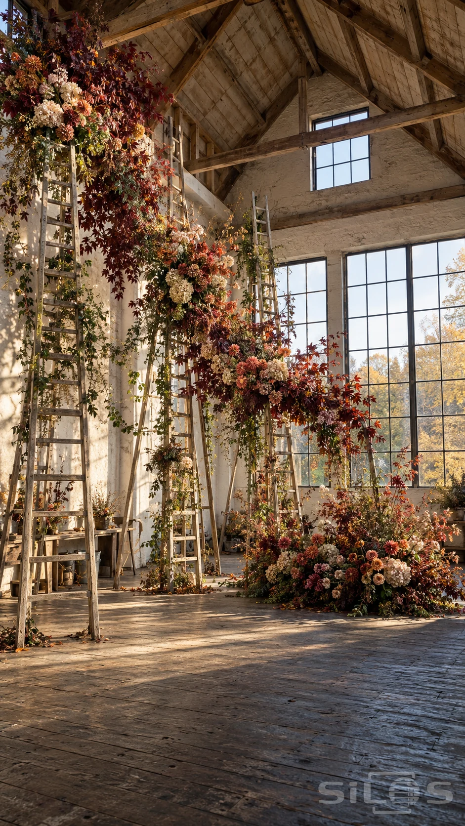 A diagonal cascade of autumn flowers and burgundy foliage drapes across tall wooden ladders in a sunlit loft.