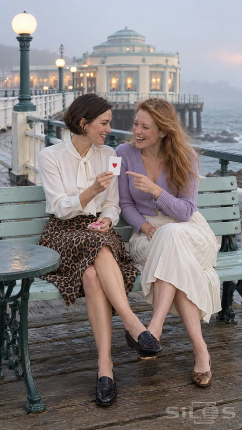 Two friends laugh over a pier card trick on a mint bench with glowing globe lamps and a seaside pavilion behind them.