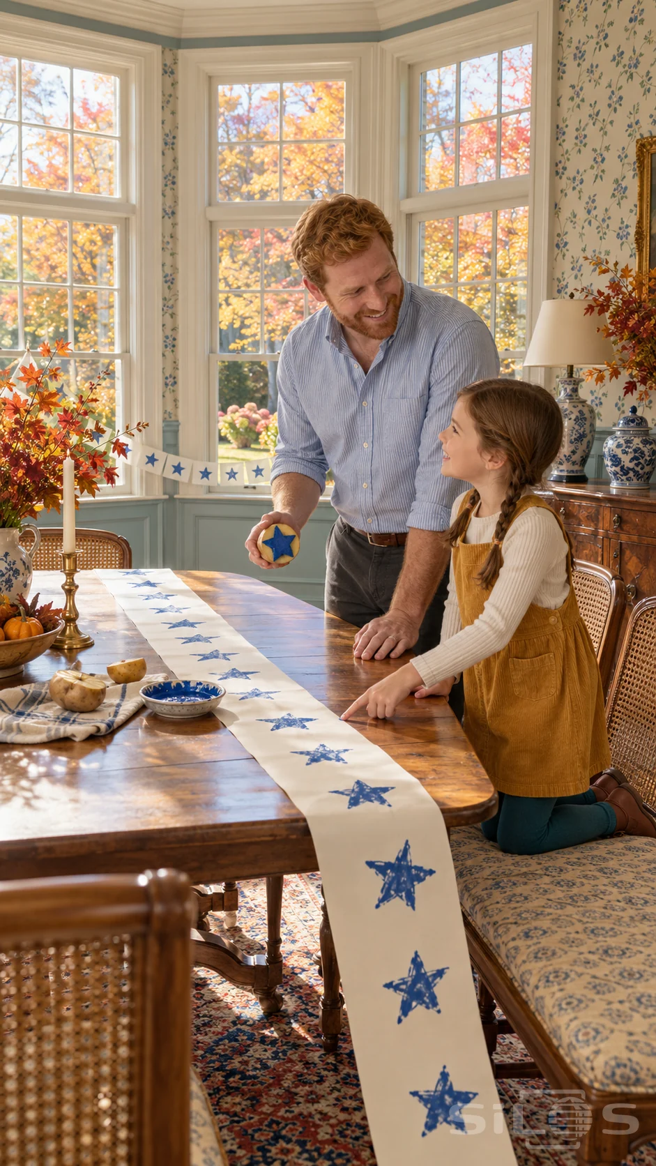 A father holds a potato star print stamp while his daughter points to blue painted stars along a paper garland in a bright dining bay.