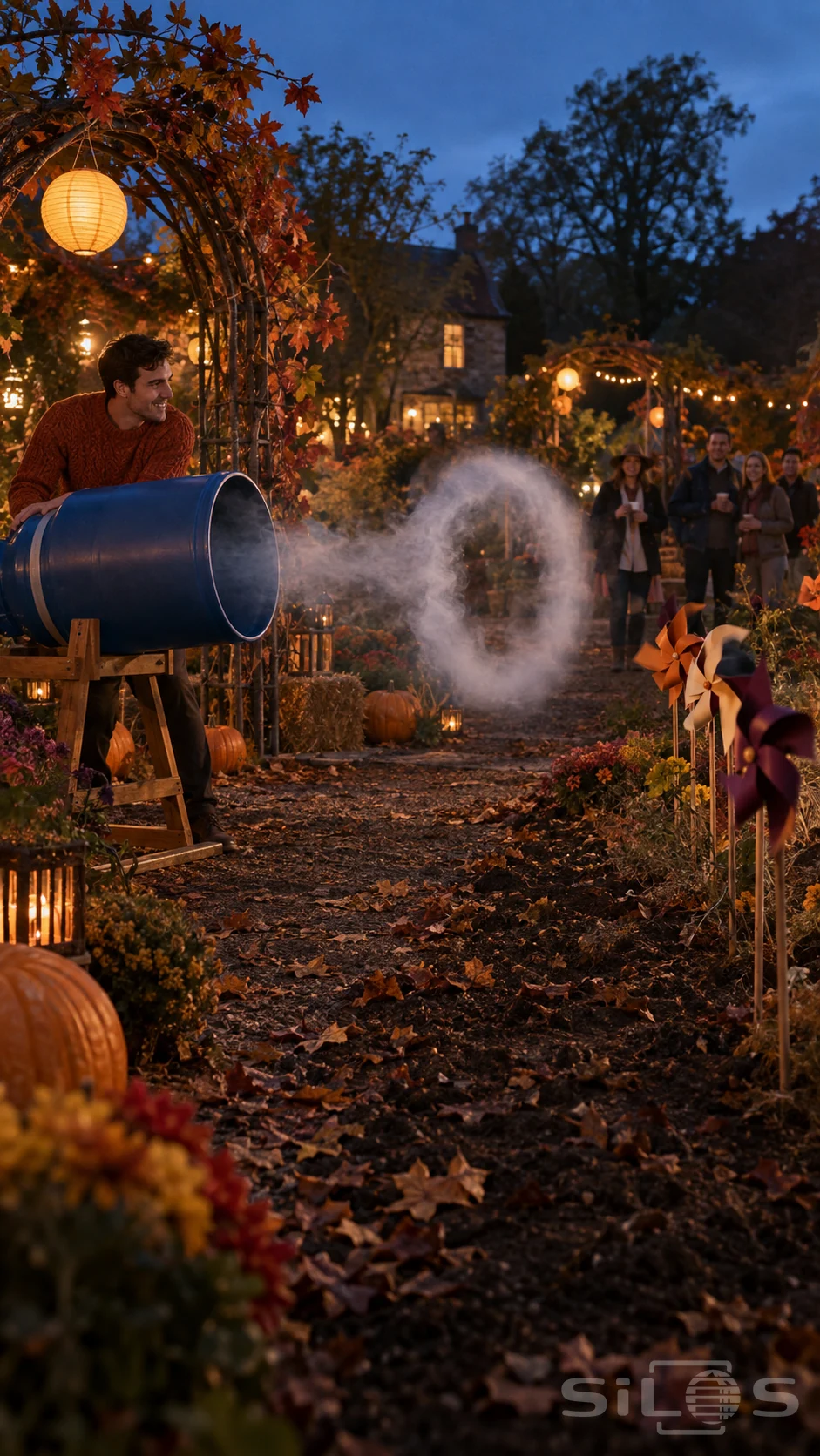 An air vortex demonstration with a translucent mist ring moving from a blue air barrel toward paper pinwheels at an autumn fair.