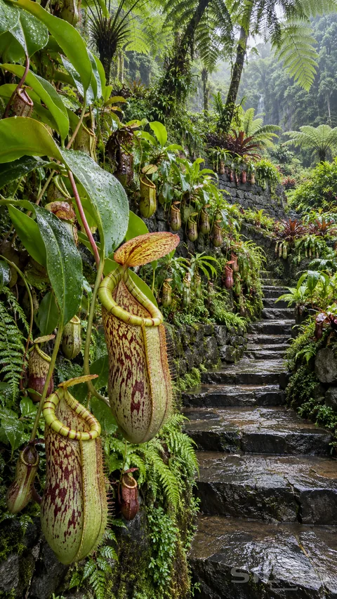 Large burgundy-green pitcher plants hang beside wet stone steps and shaded terraces filled with ferns and glossy leaves.