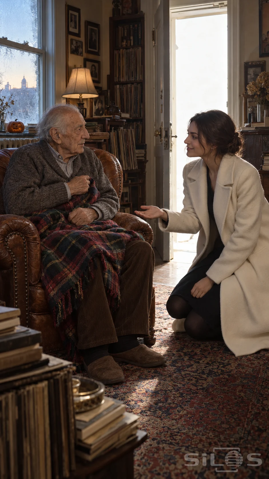 An elderly man under a tartan blanket faces a kneeling woman in a white coat in a cluttered apartment.
