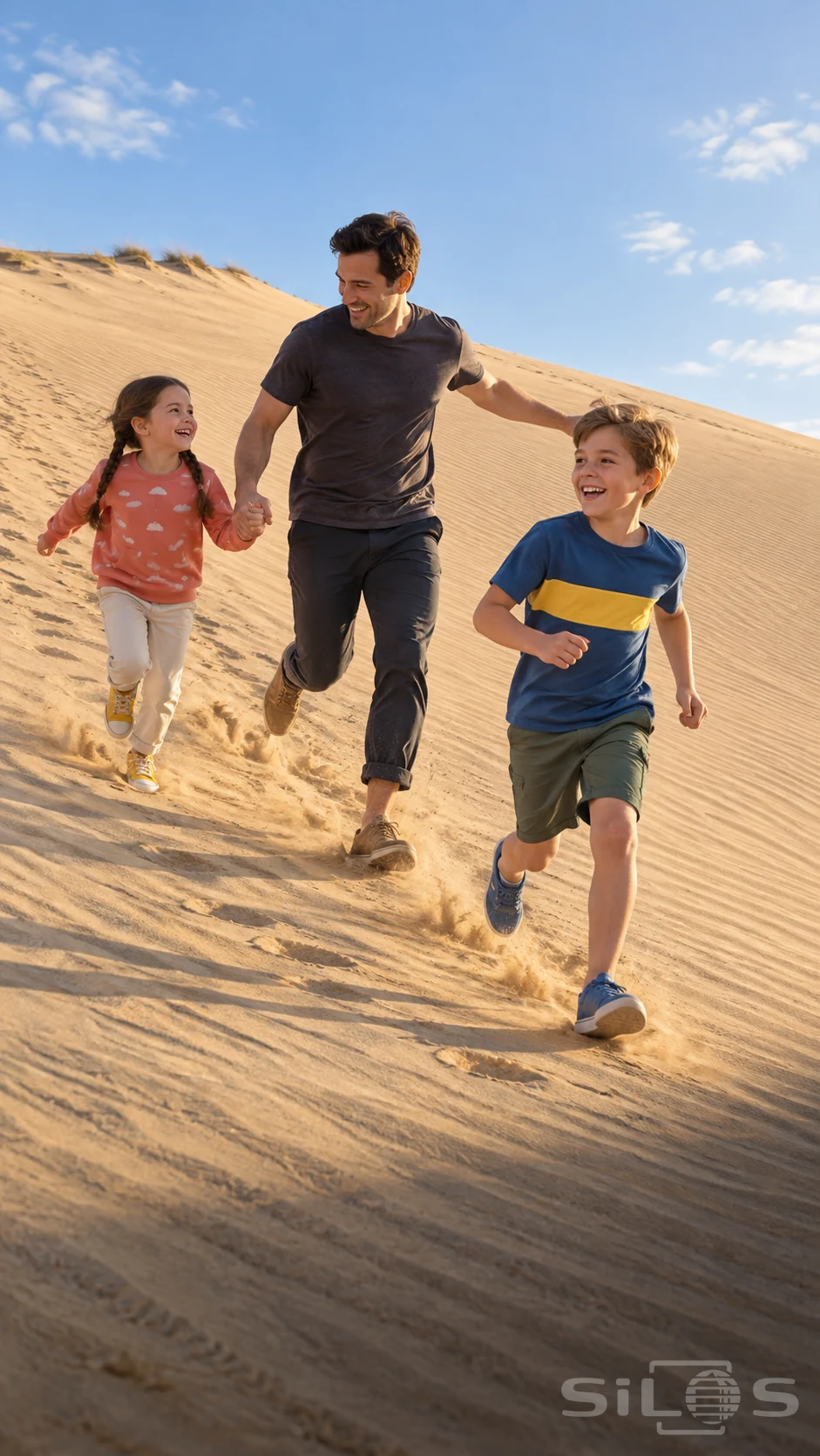 A father and two children share a dune run, with a young girl holding his hand and a boy moving a step ahead.