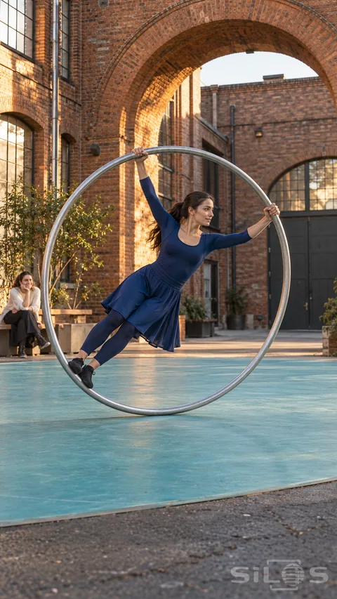 A woman turns a Cyr wheel on a turquoise warehouse court beneath a brick arch; with a friend watching from a bench.