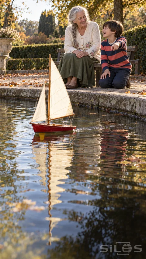A red toy sailboat with cream sails floats in front of a smiling grandmother and grandson at a stone-edged park pond.