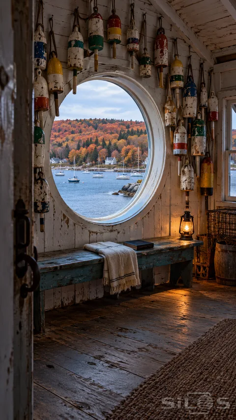 A buoy window overlooks an autumn harbor above a teal bench and cream blanket in a weathered wooden room.
