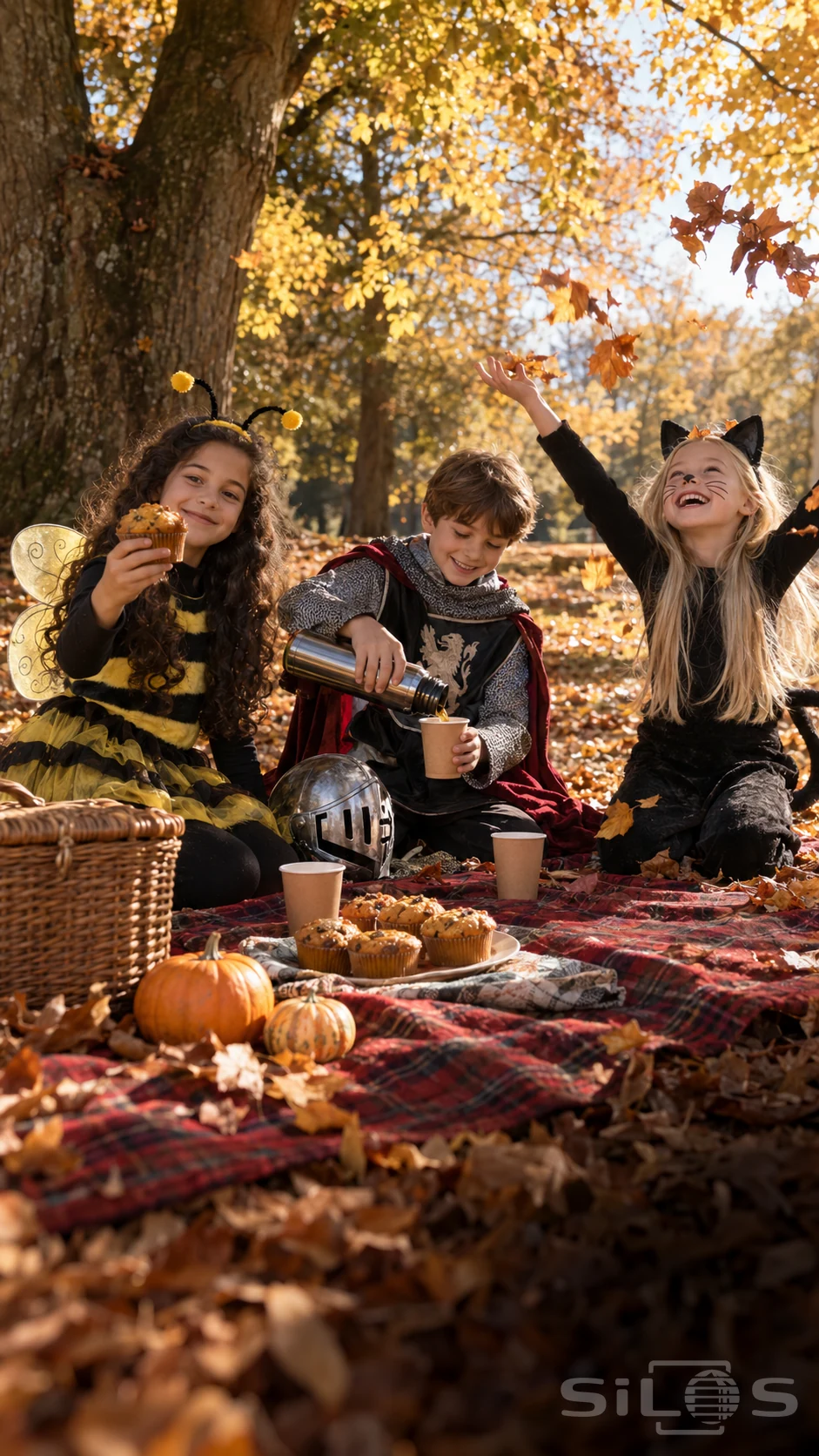 Three children in bee, knight and black cat costumes enjoy muffins and cider on a tartan blanket beneath golden autumn trees.