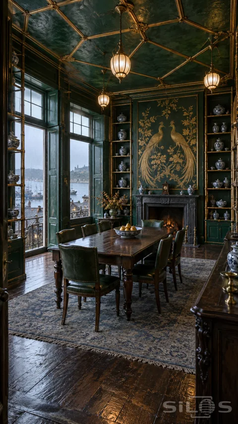 Jade-green dining room with gold bird mural; porcelain-lined shelves; dark wood table; green chairs and tall harbour windows.