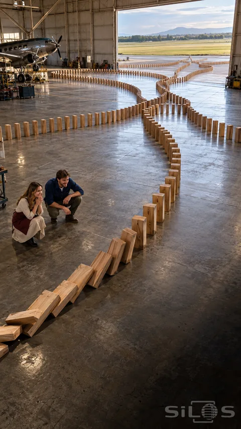 Giant domino installation of timber blocks in branching lines across a hangar floor; with the first blocks falling near two adult assistants.