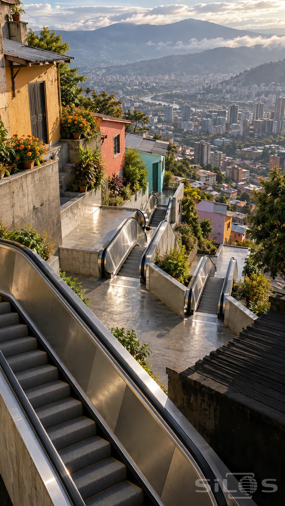Outdoor escalators with silver sides zigzag between colorful hillside homes and concrete landings above a distant city.