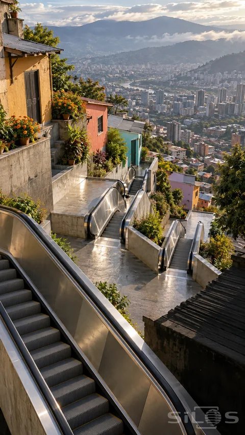 Outdoor escalators with silver sides zigzag between colorful hillside homes and concrete landings above a distant city.