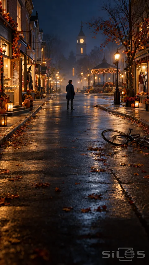 A young man in a navy coat stands on an empty Halloween street between glowing shops; a lit bandstand and a bicycle lying on the road.