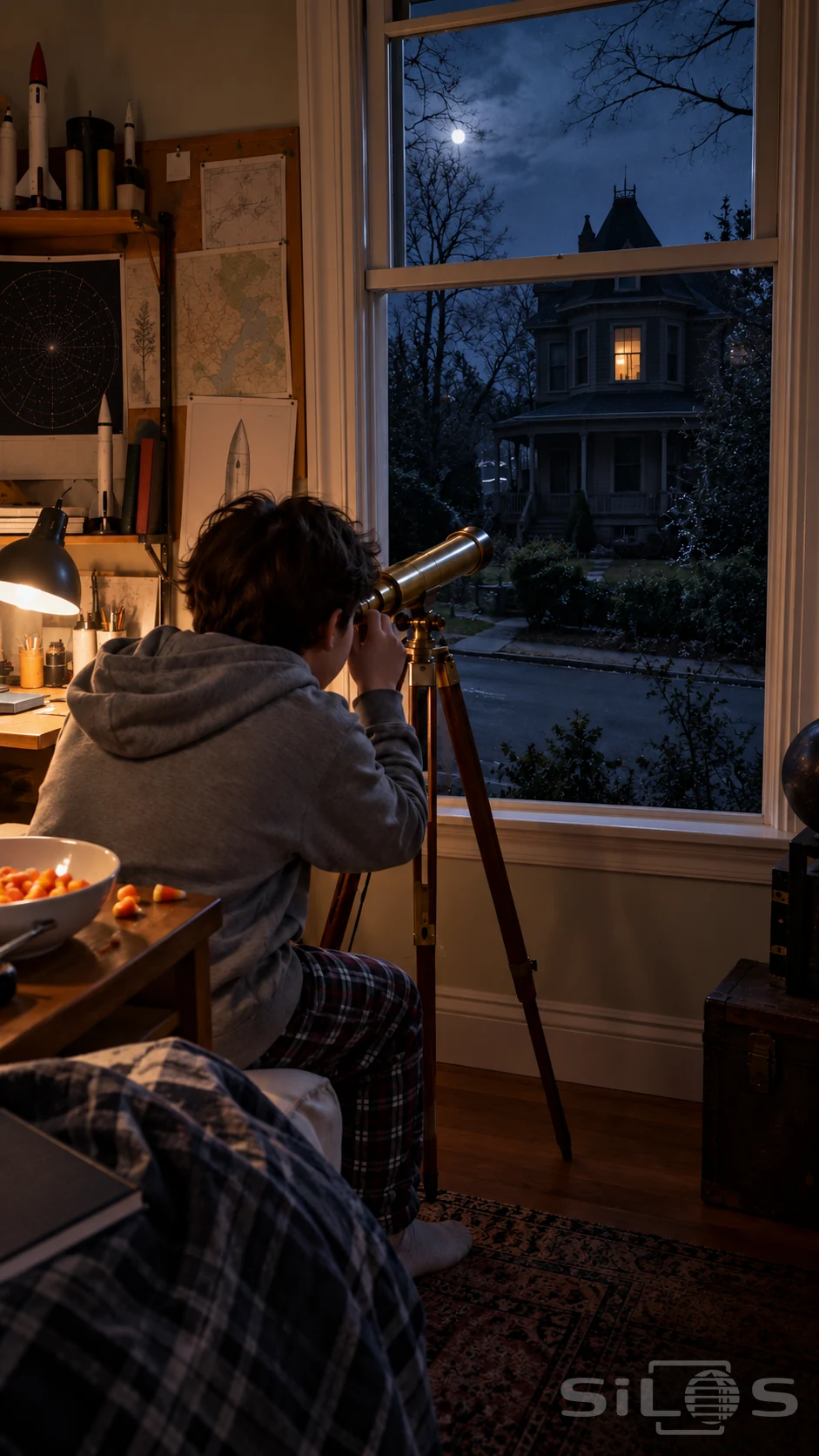 A boy in a grey hoodie looks through a brass telescope at a dark Victorian house with one glowing upstairs window.