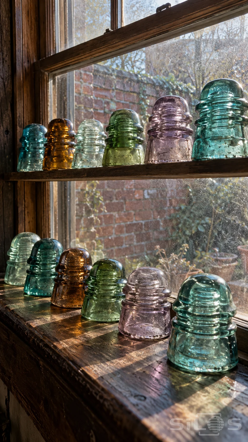 Antique glass insulators in aqua amber green and violet stand on an oak windowsill and narrow shelf in warm afternoon light.