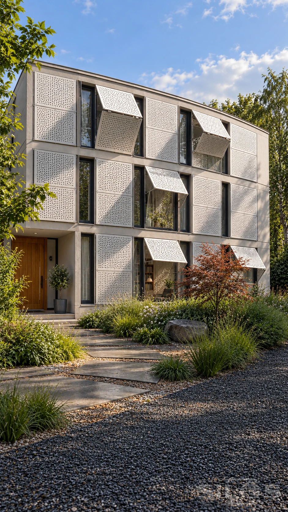 Three-storey garden house with thin white perforated folding shutters shading windows and a visible reading nook.