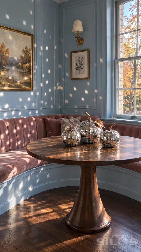 Three mirrored pumpkins scatter sunlight over blue paneling beside a pink velvet bench and round walnut table.
