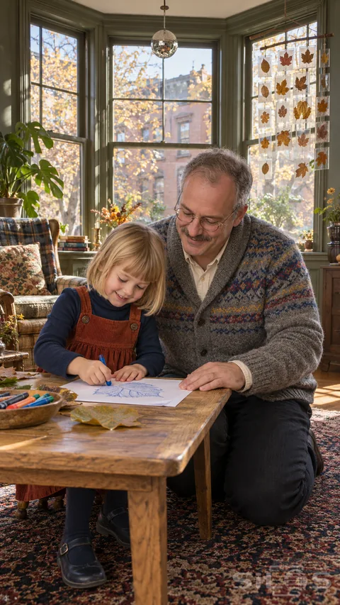 A father and young daughter share leaf rubbing at a low wooden table beside a bright autumn bay window.