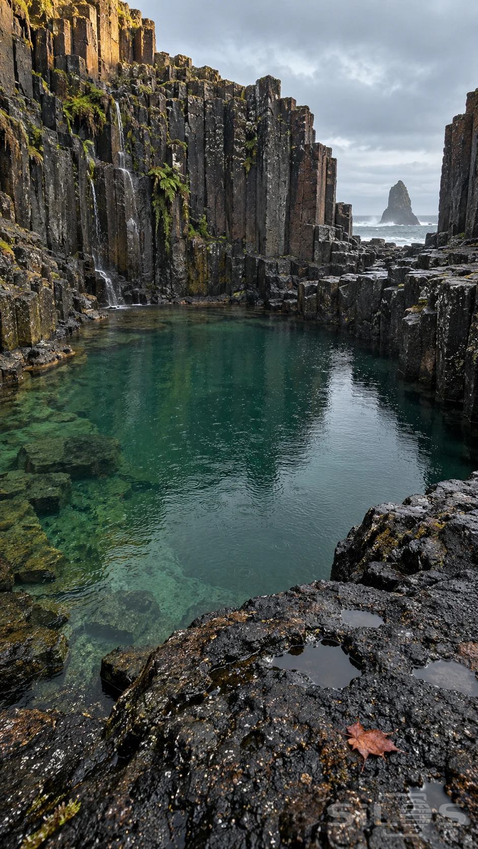 Dark basalt columns surround an emerald rain pool with rain rings, wet foreground rocks and a sea stack beyond the opening.