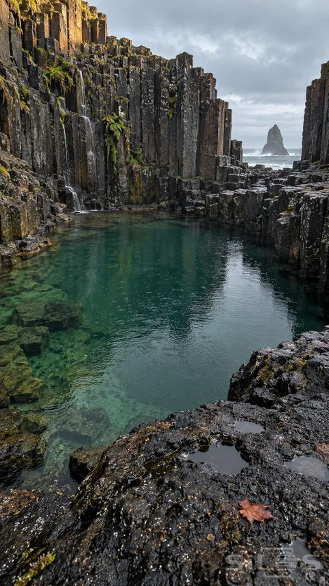 Dark basalt columns surround an emerald rain pool with rain rings; wet foreground rocks and a sea stack beyond the opening.